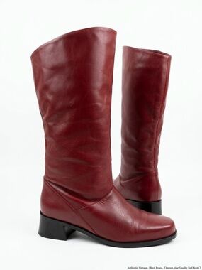 Vintage Markon Mid-Calf Leather Boots Made in Brazil Block Heel Burgundy Sz 8.5M